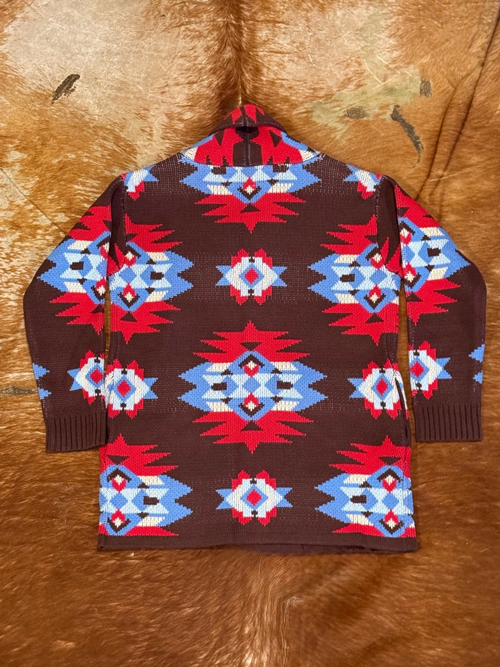 Lucky Brand Aztec Print Shawl Collar Cardigan Brown Red Blue M - Picture 6 of 10
